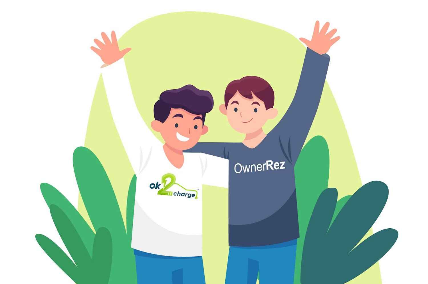 Two men waving against green background 